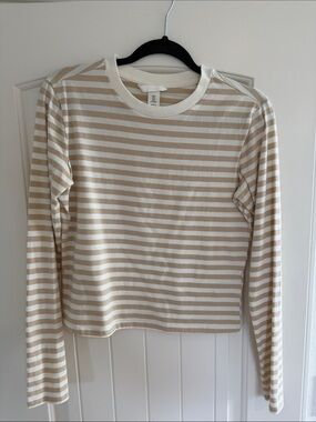 HM Beige and White Striped Long Sleeve Tee